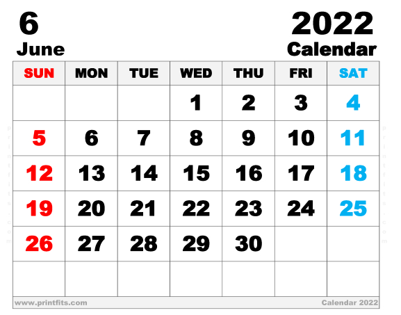 Free Printable June 2022 Calendar 14 Inches X 11 Inches