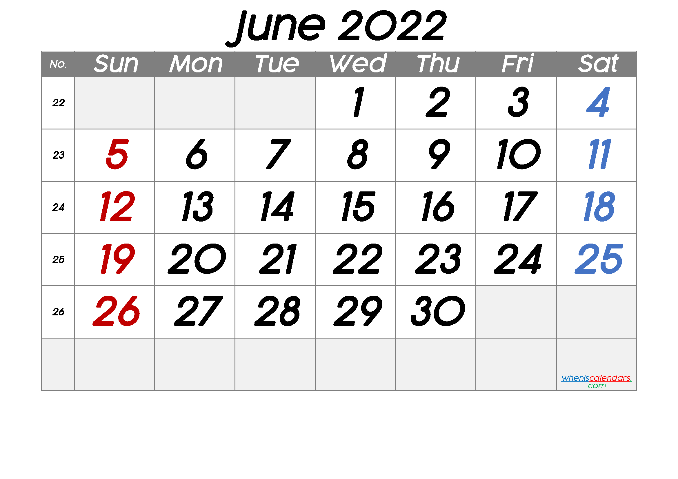 Free Printable June 2022 Calendar With Week Numbers