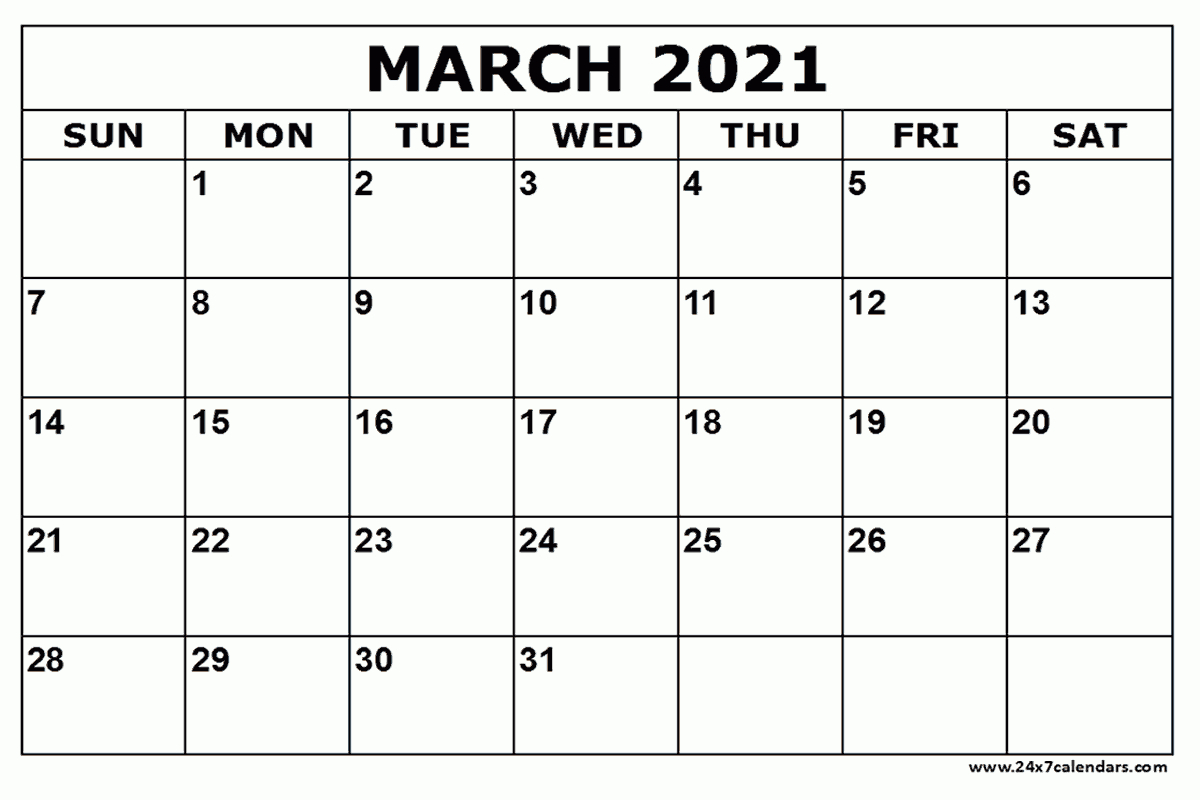 Free Printable March 2021 Calendar : 24X7Calendars