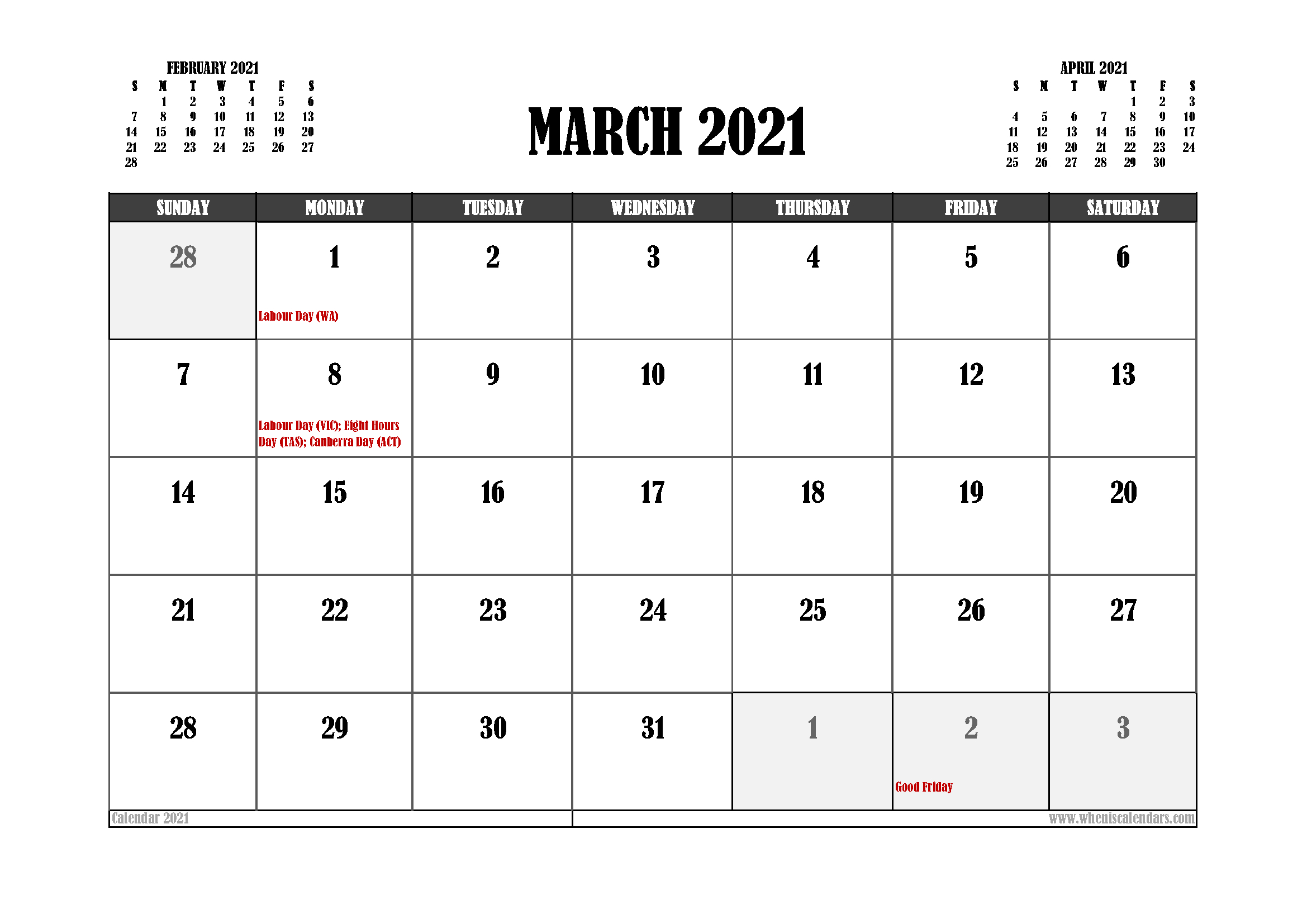 Free Printable March 2021 Calendar Australia
