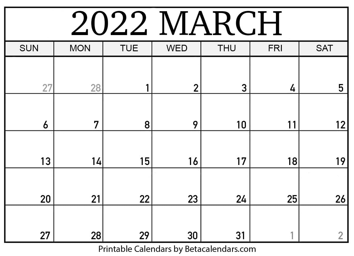 Free Printable March 2022 Calendar