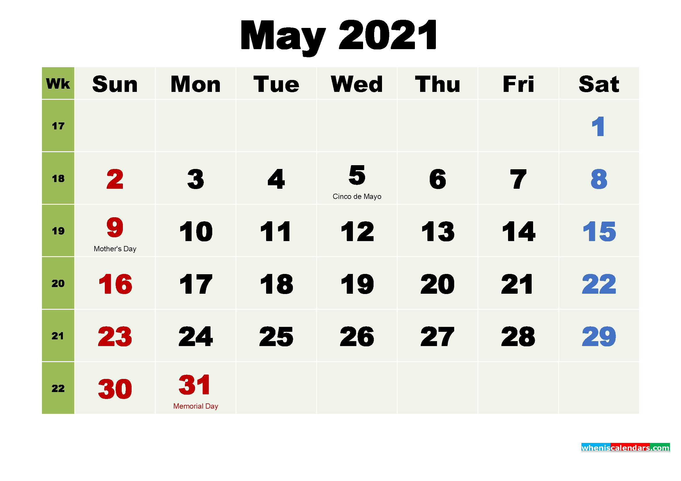 Free Printable May 2021 Calendar With Holidays - Free