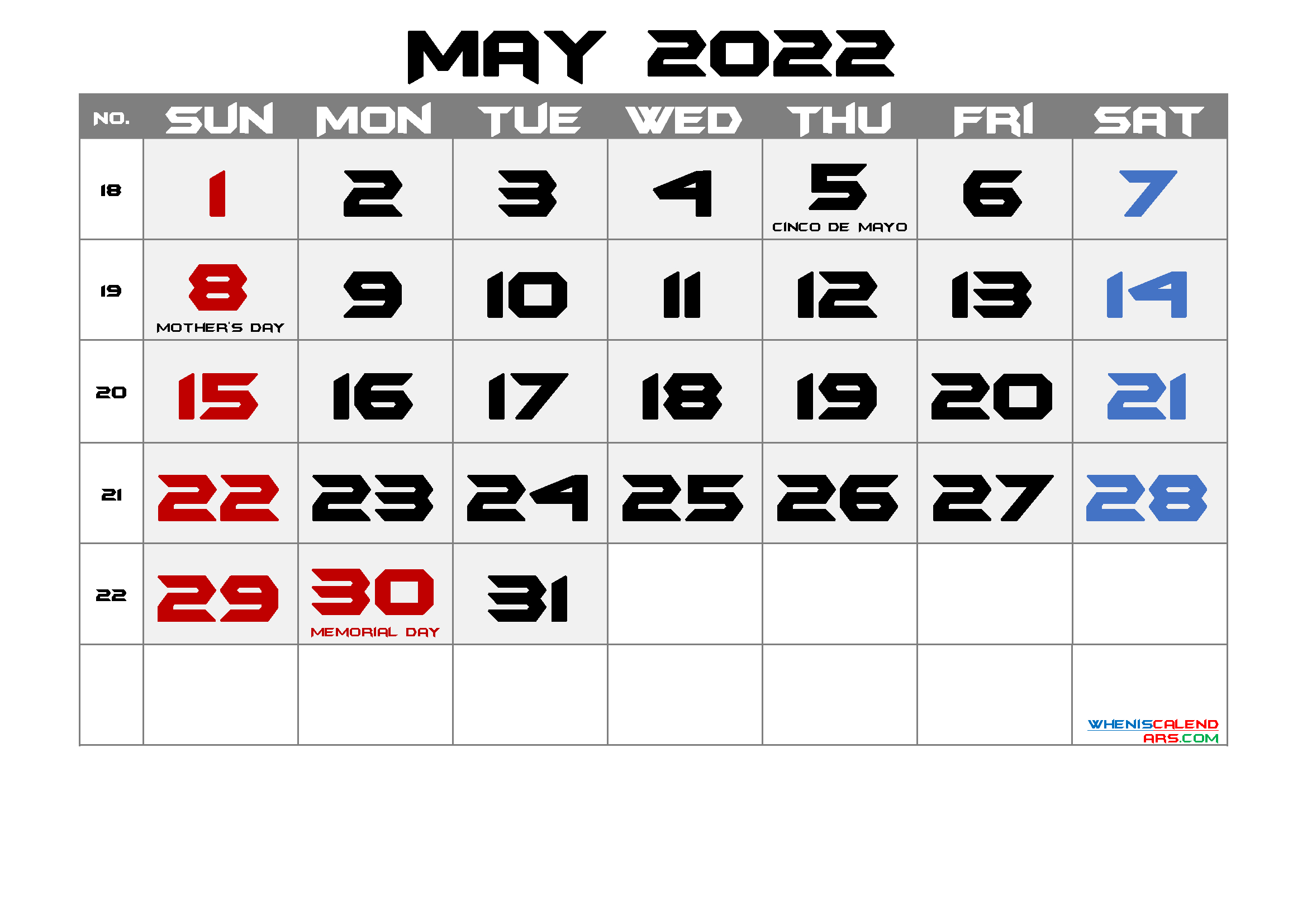 Free Printable May 2022 Calendar