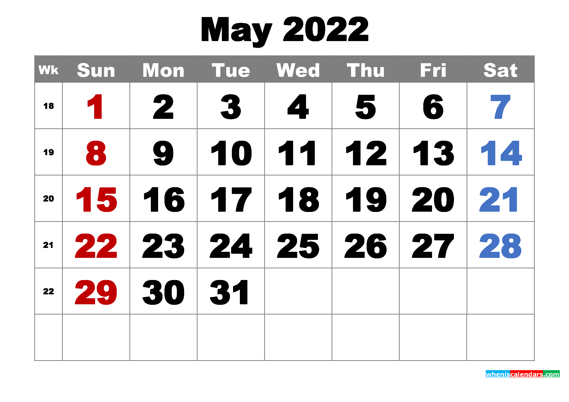 Free Printable May 2022 Calendar Word, Pdf, Image