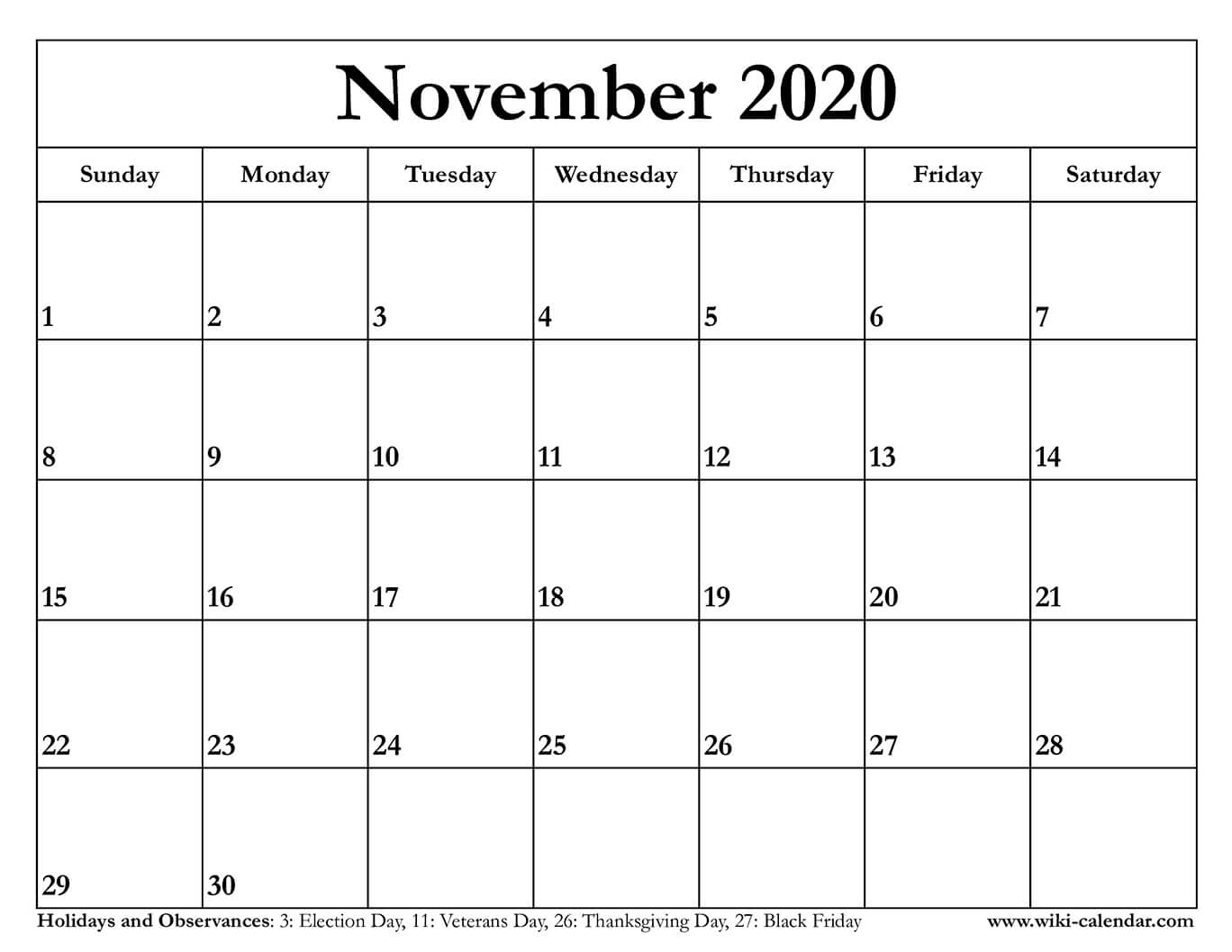 Free Printable November 2020 Calendar