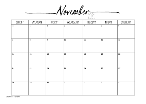 Free Printable November 2021 Calendar | Customize Online