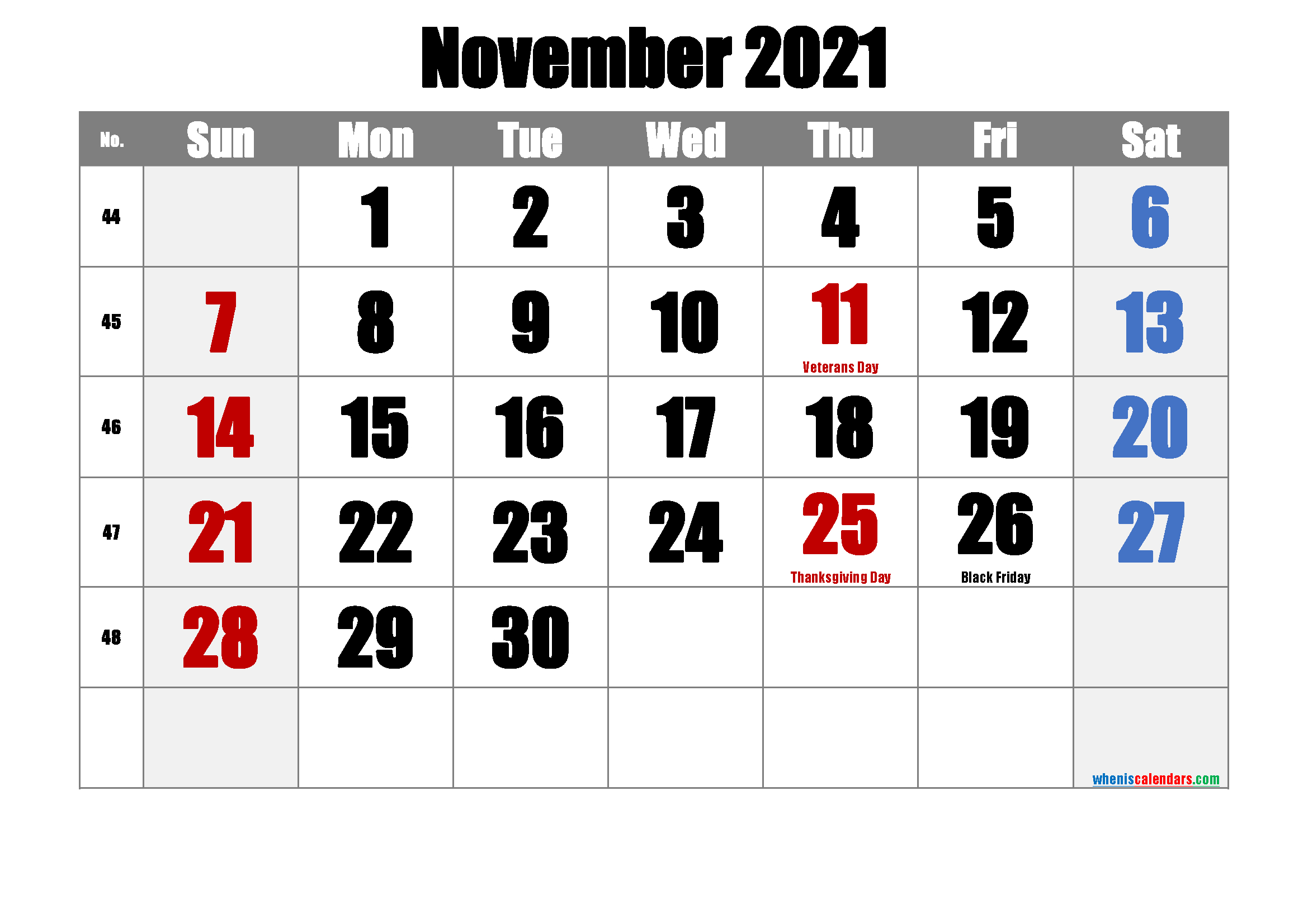 Free Printable November 2021 Calendar With Holidays