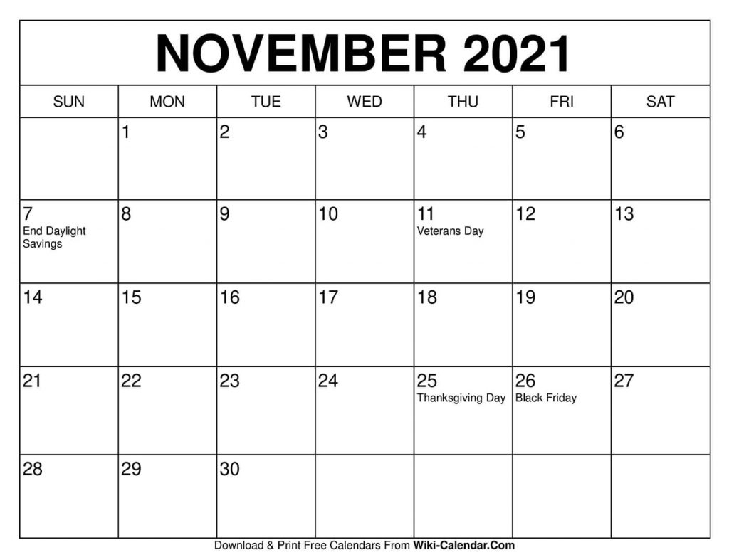 Free Printable November 2021 Calendars