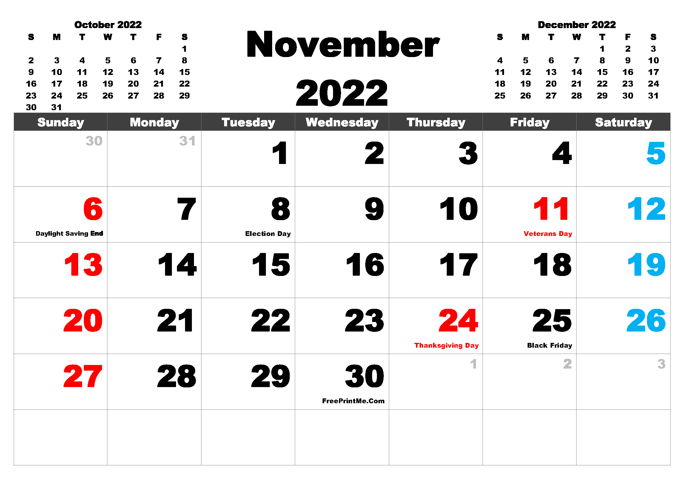Free Printable November 2022 Calendar Including Holidays