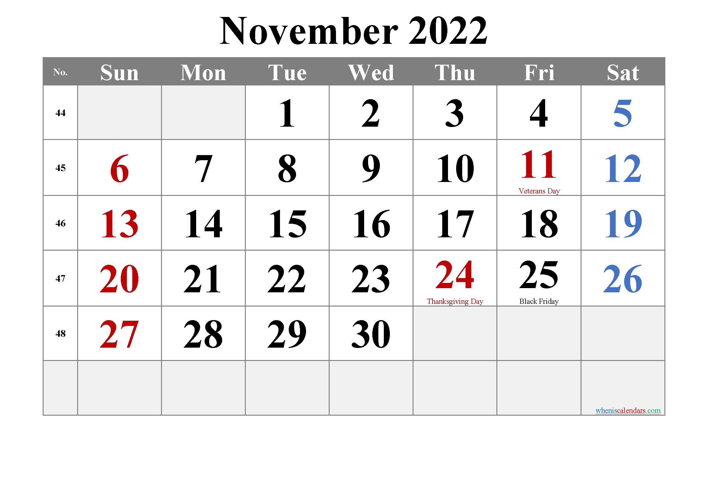 Free Printable November 2022 Calendar With Holidays