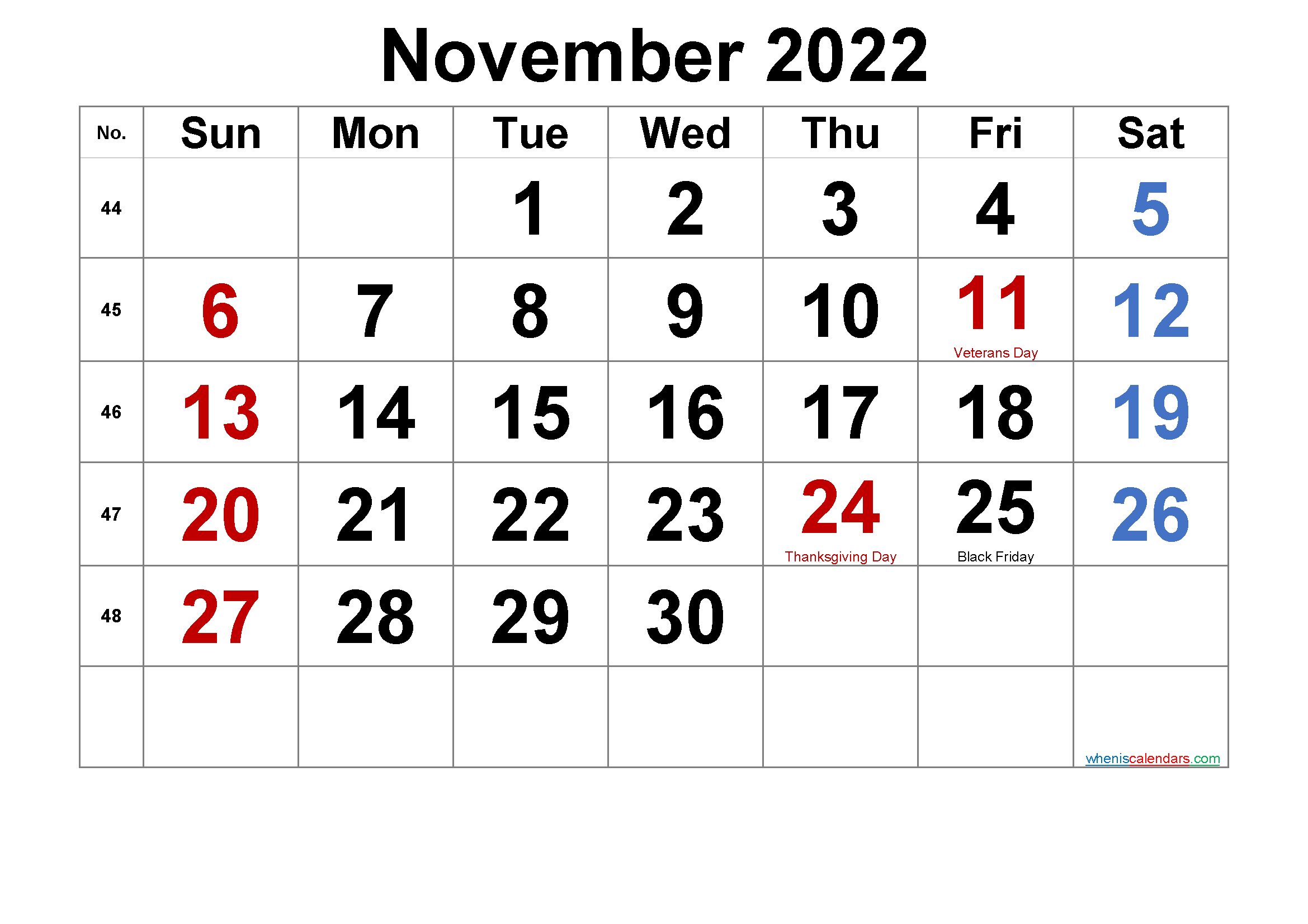 Free Printable November 2022 Calendar With Holidays