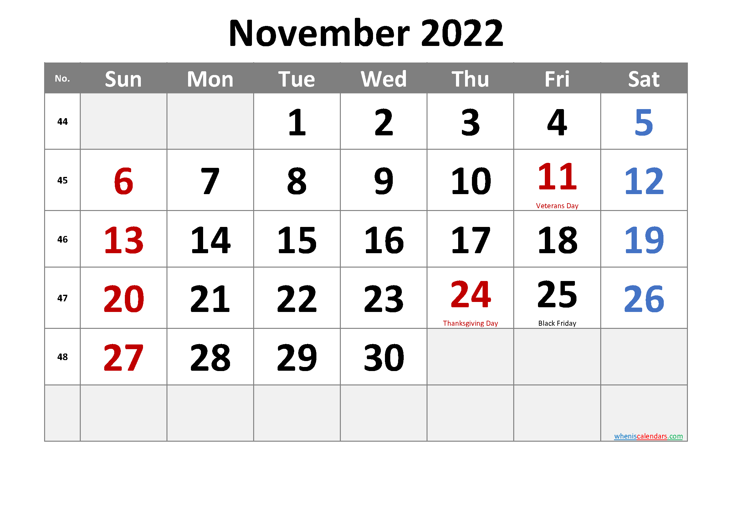 Free Printable November 2022 Calendar With Holidays