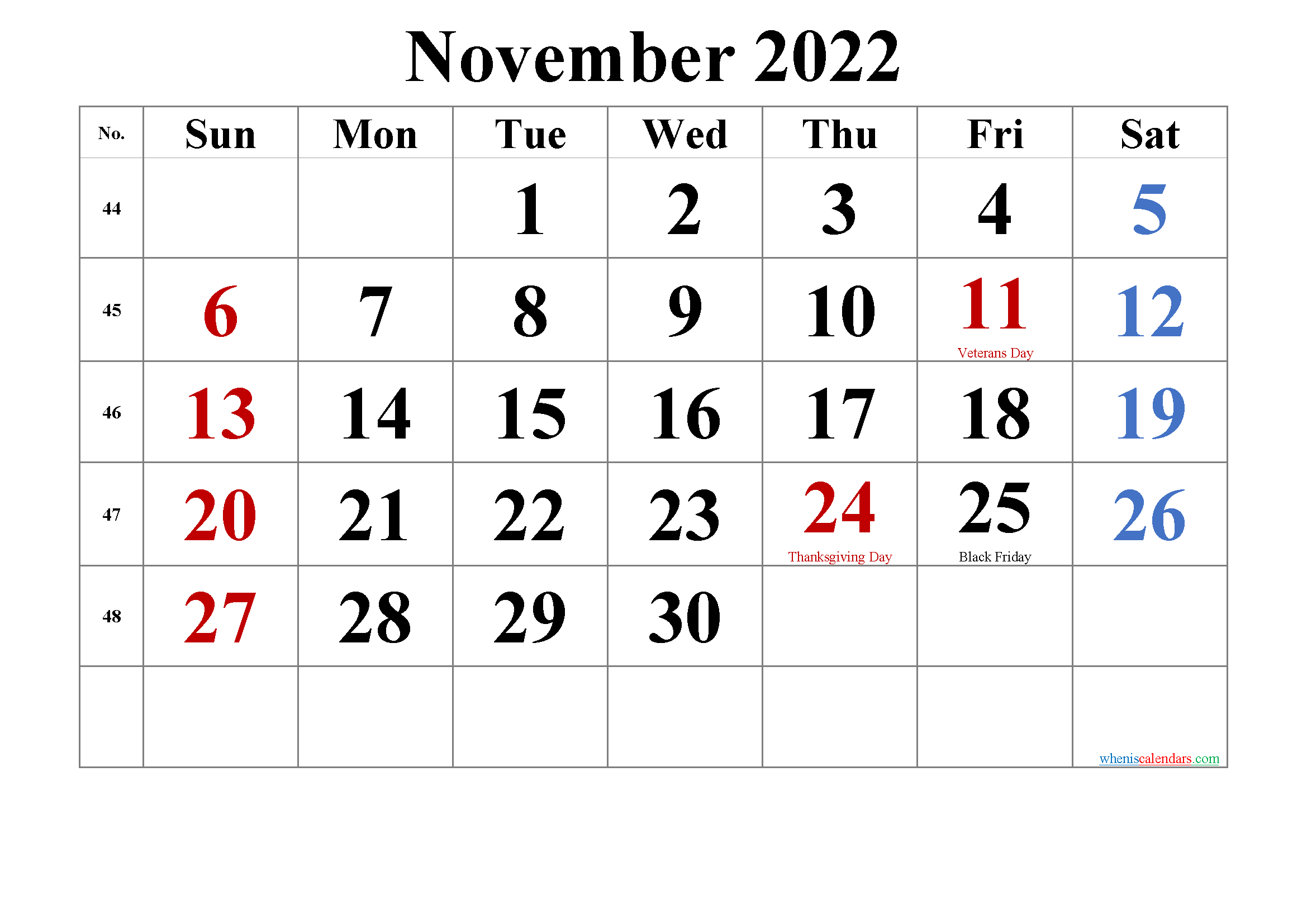 Free Printable November 2022 Calendar