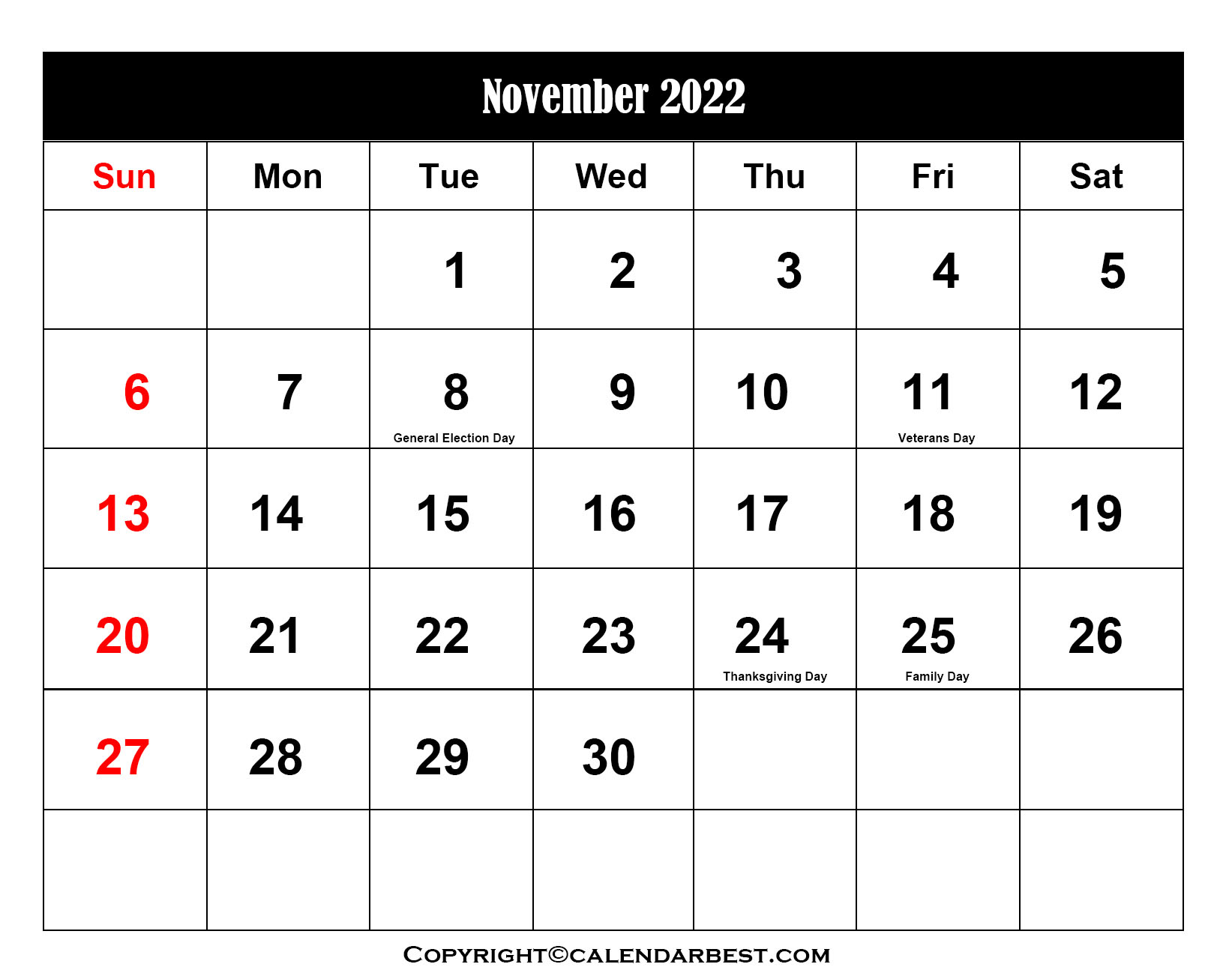 Free Printable November Calendar 2022 With Holidays