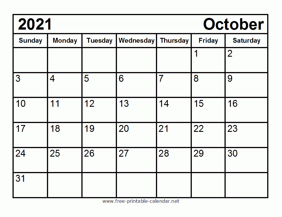 Free Printable October 2021 Calendar