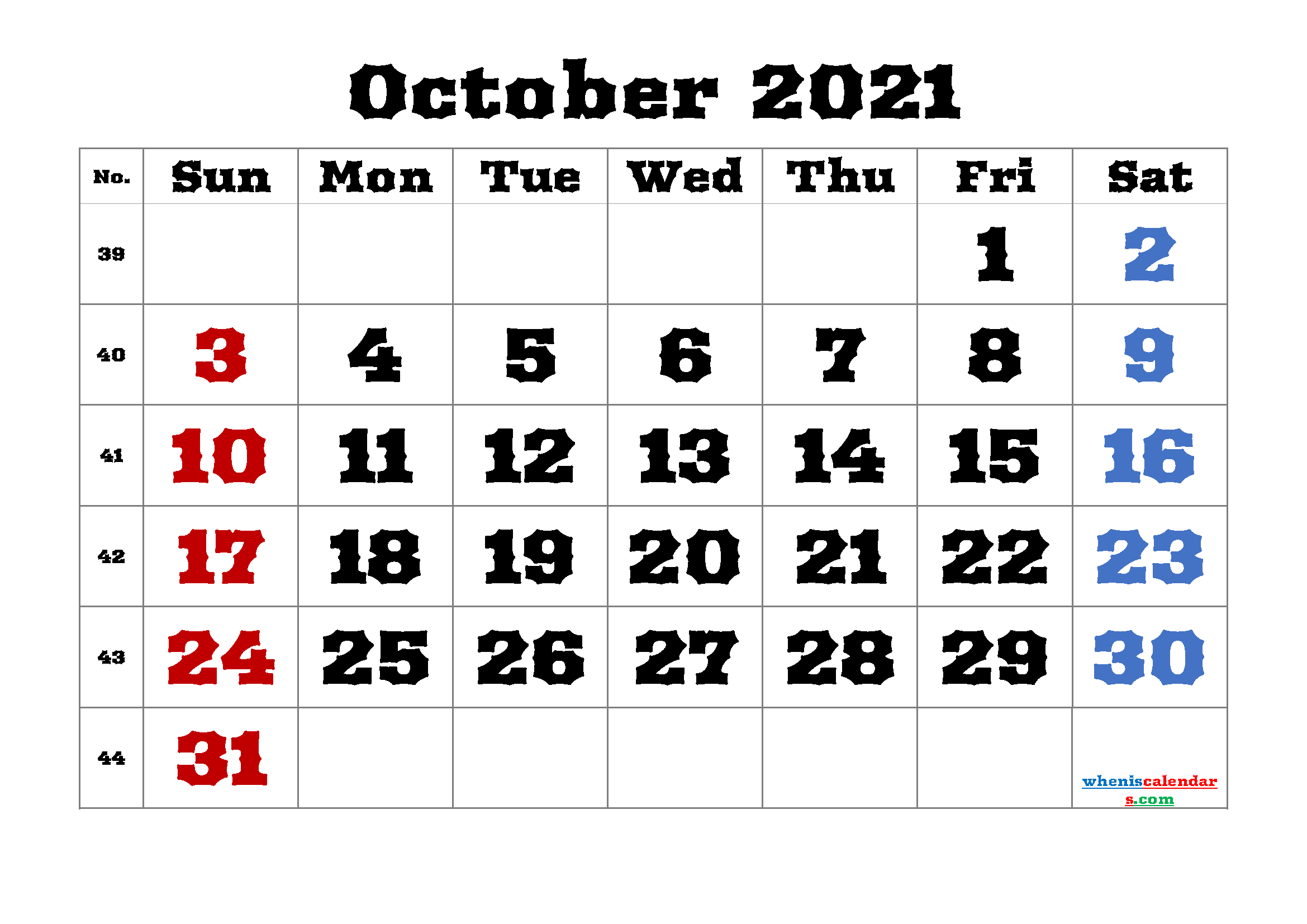 Free Printable October 2021 Calendar