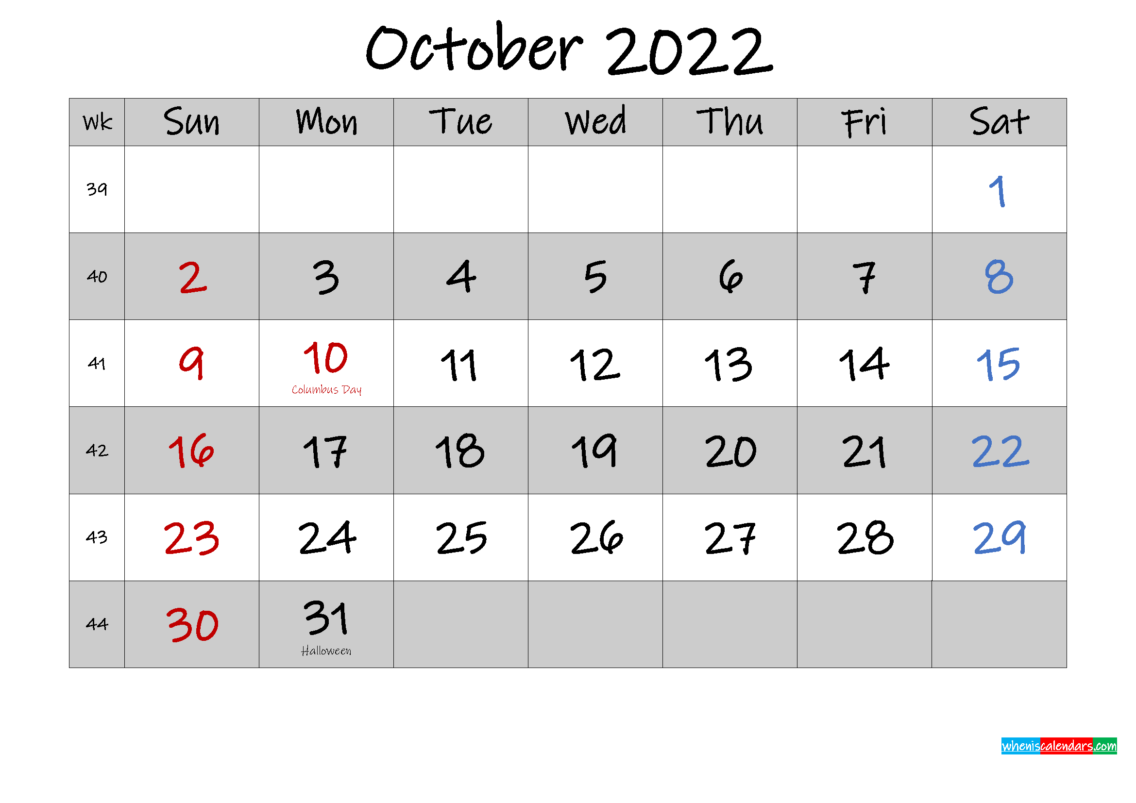 Free Printable October 2022 Calendar With Holidays