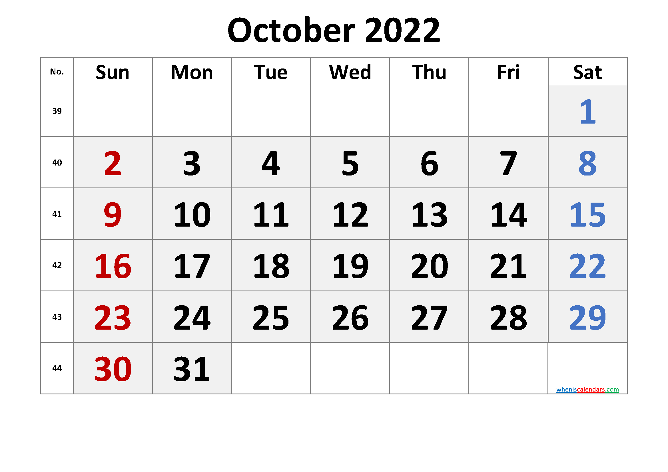 Free Printable October 2022 Calendar With Week Numbers