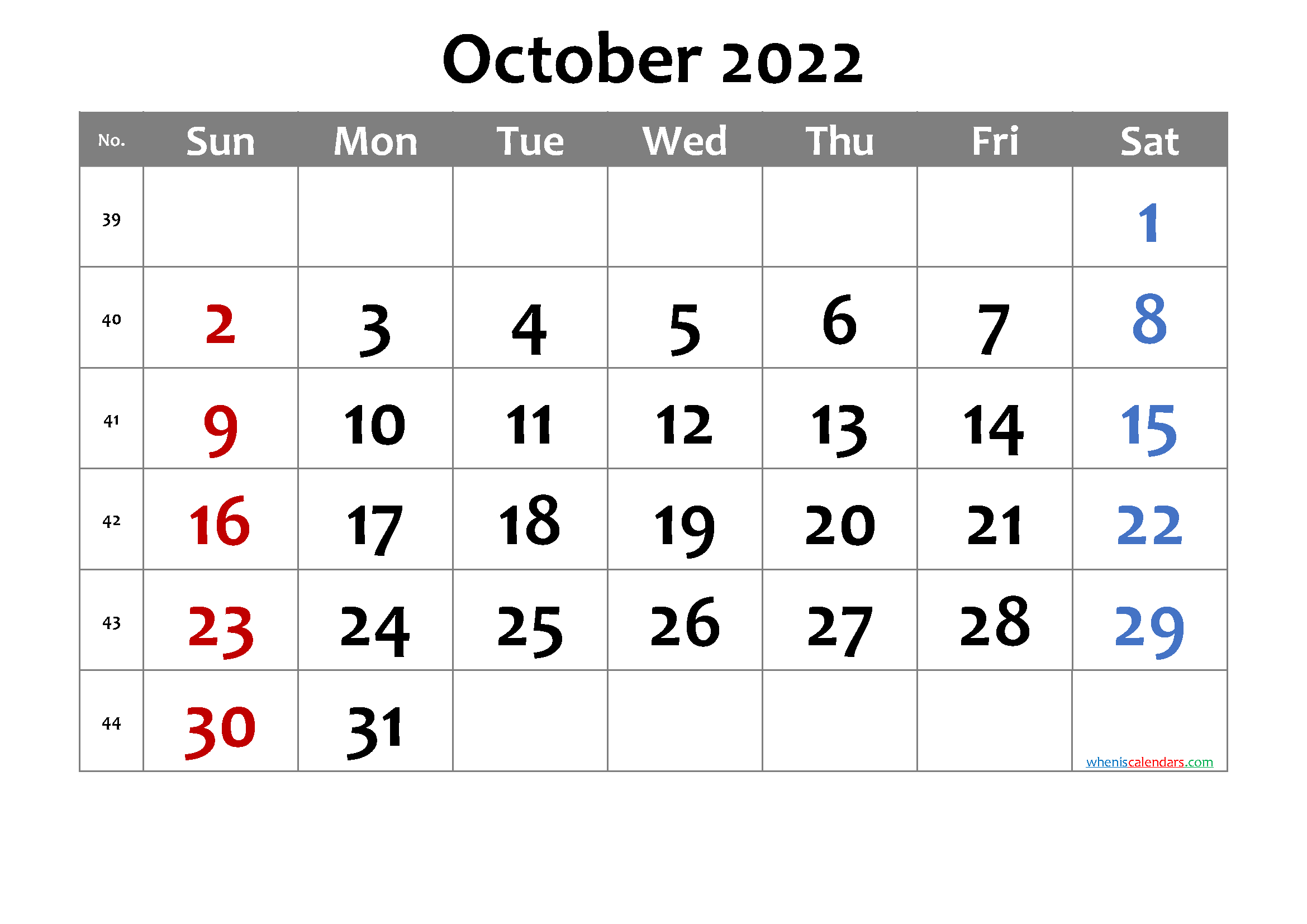 Free Printable October 2022 Calendar With Week Numbers