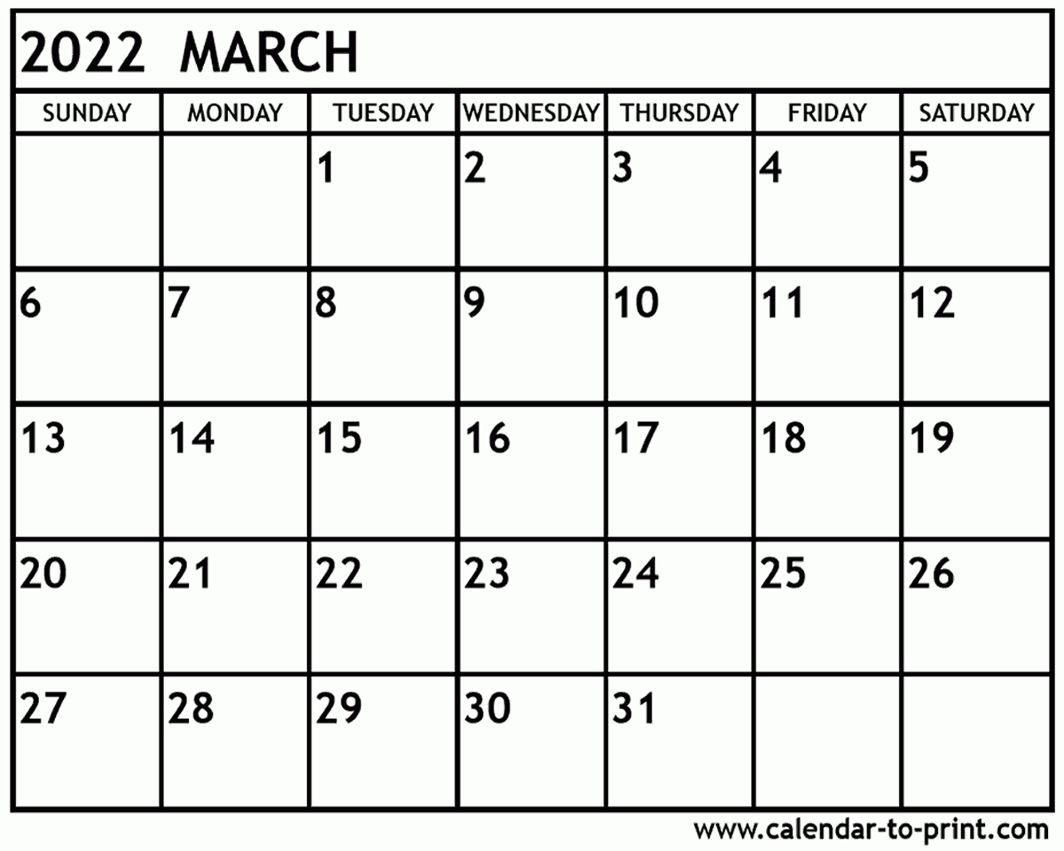 Free Printable Yearly Calendar 2022 March