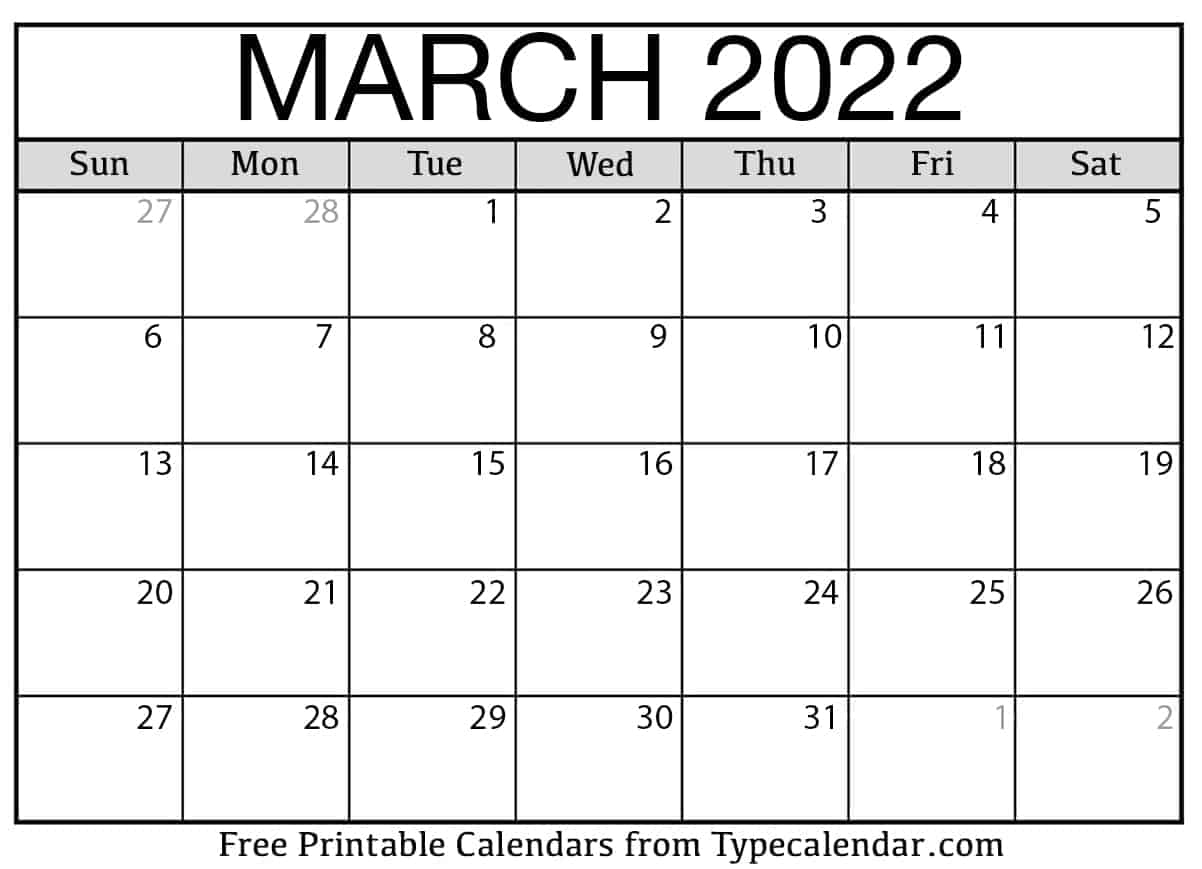 Free Printable Yearly Calendar 2022 March