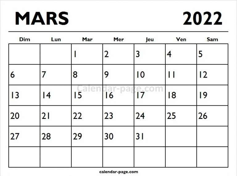French Calendar 2022 March - Calendrier Mensuel 2022 À