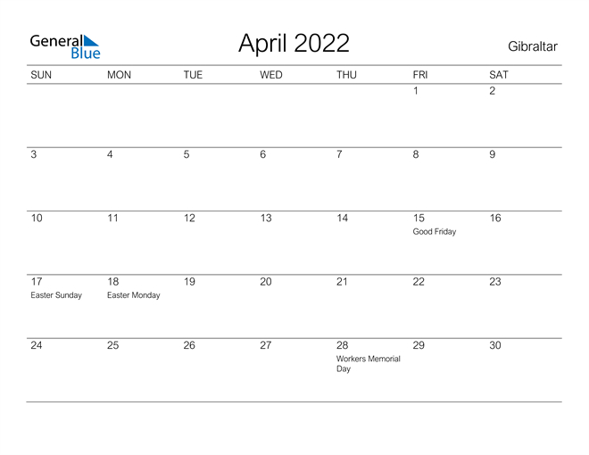 Gibraltar April 2022 Calendar With Holidays