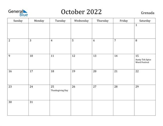 Grenada October 2022 Calendar With Holidays