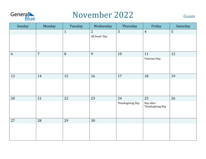 Guam November 2022 Calendar With Holidays