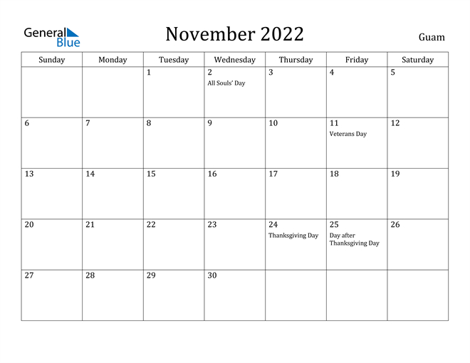 Guam November 2022 Calendar With Holidays