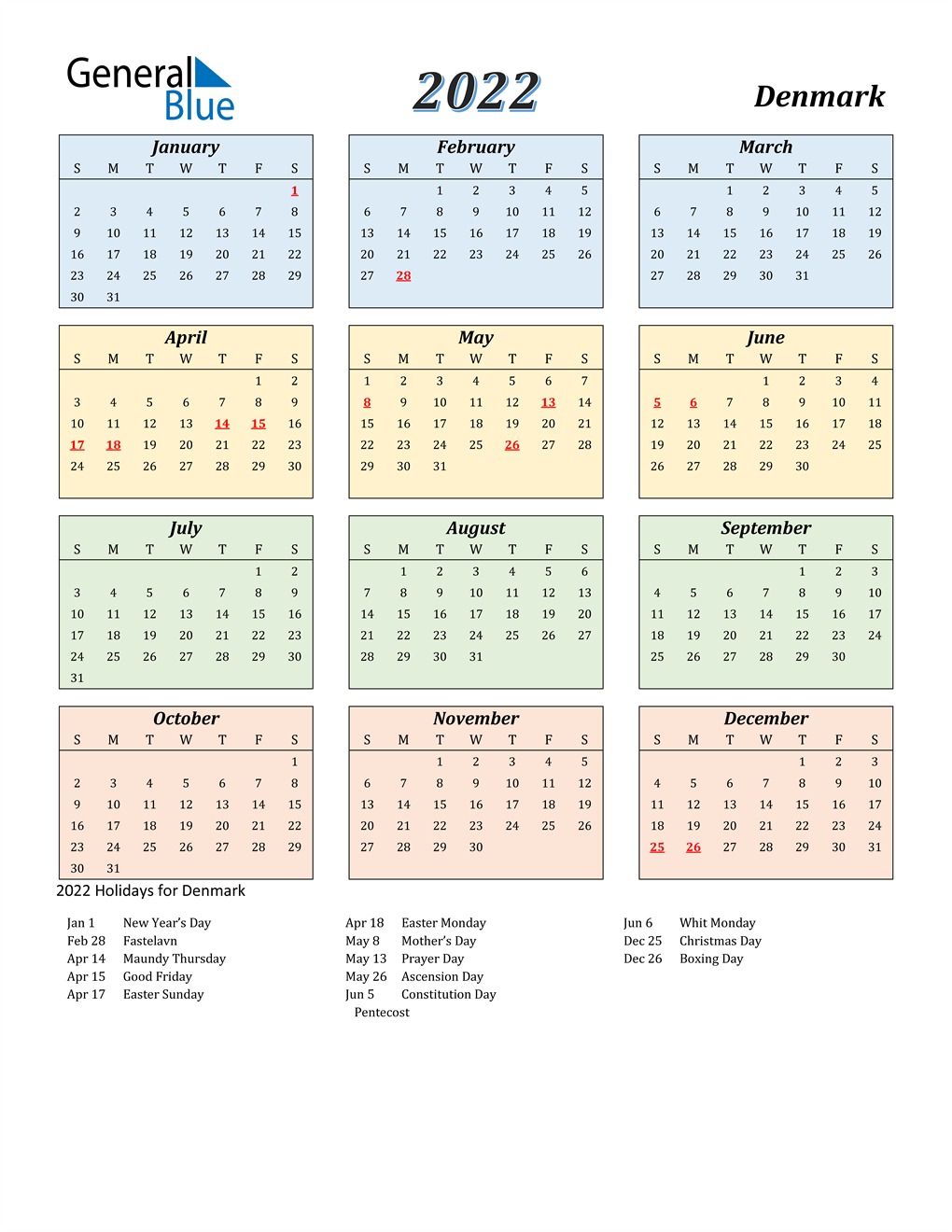 Holiday Calendar 2022 Denmark