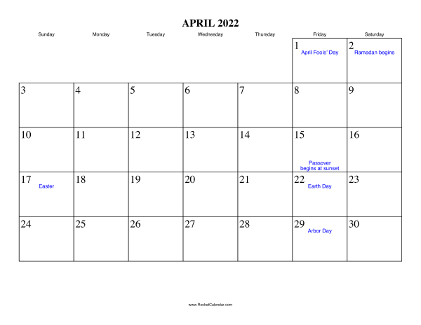 Holiday Calendar April 2022 - July Calendar 2022
