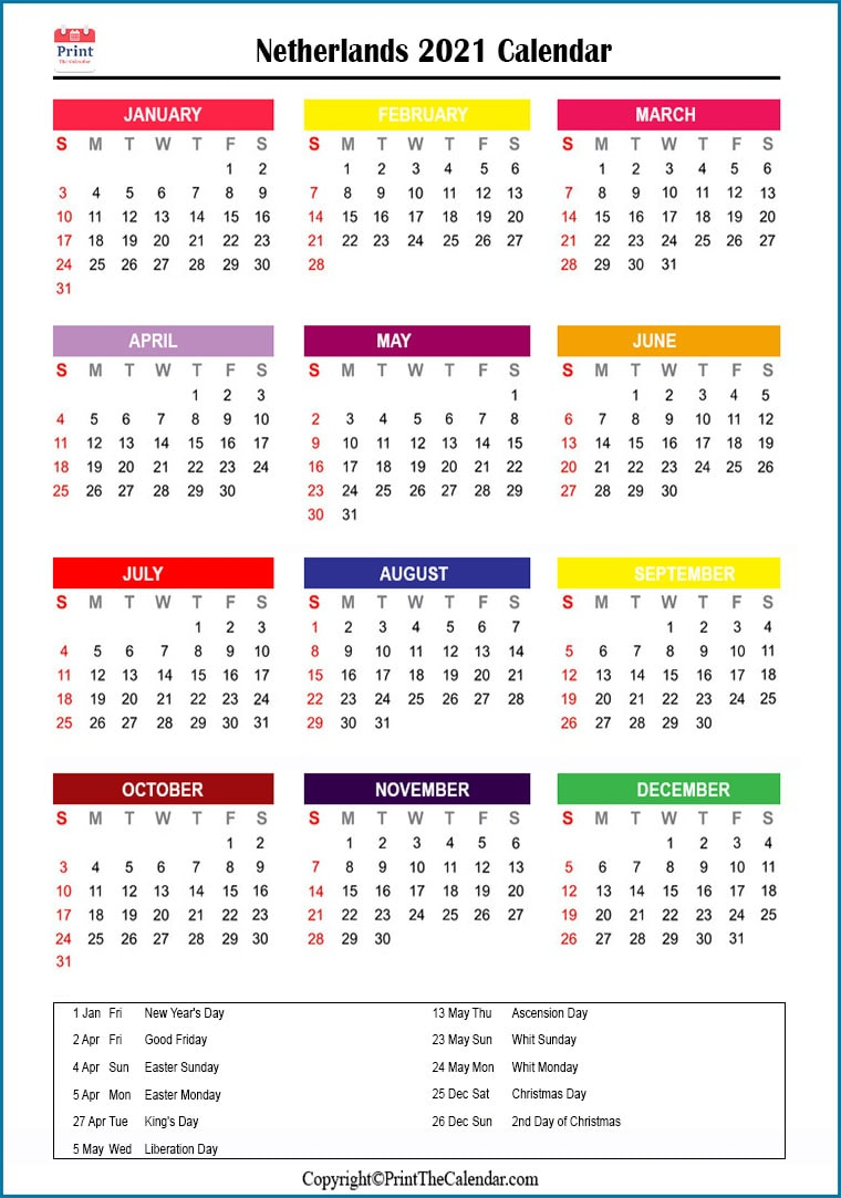 Holiday Calendar Netherlands 2021 - Calendarso