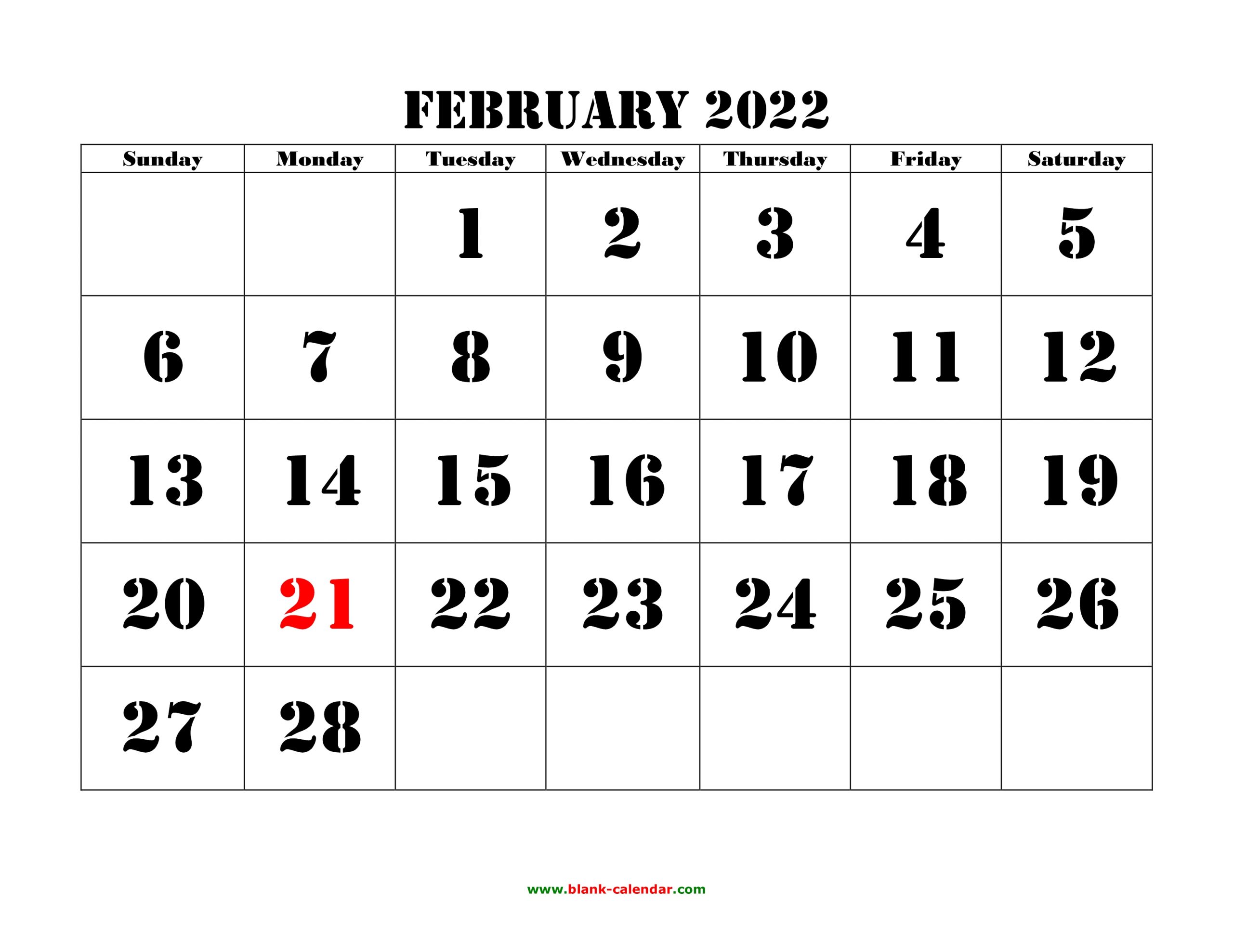 Horazontal February 2022 Calendar - April Calendar 2022