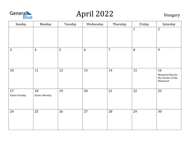 Hungary April 2022 Calendar With Holidays