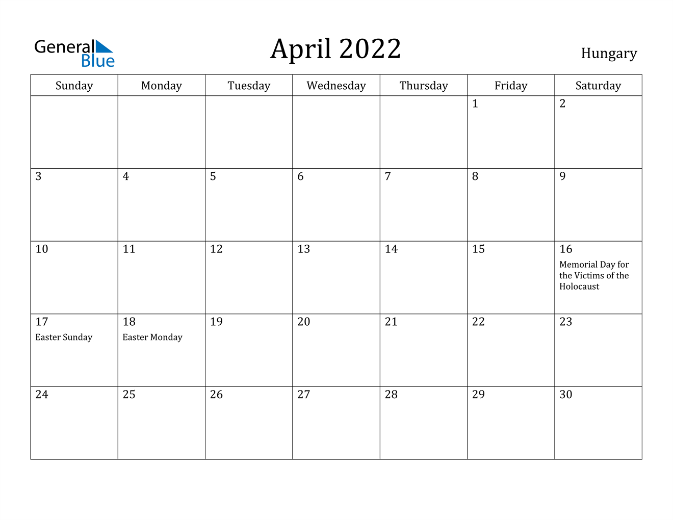 Hungary April 2022 Calendar With Holidays