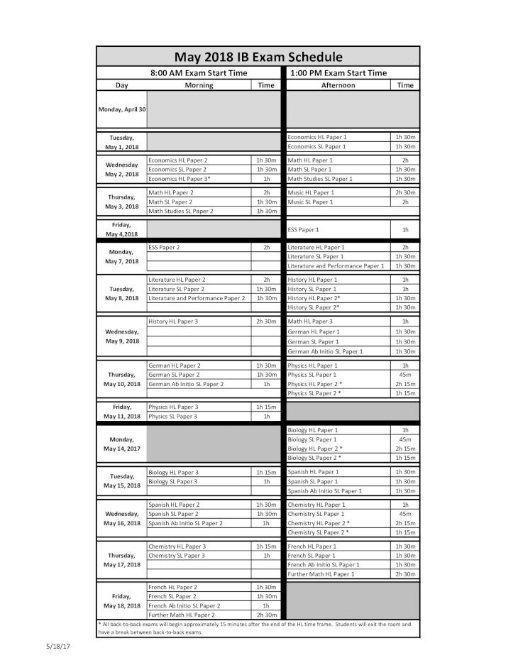 Ib Exam Schedule - May 2018 ?? · Chemistry Hl Paper 3 1H