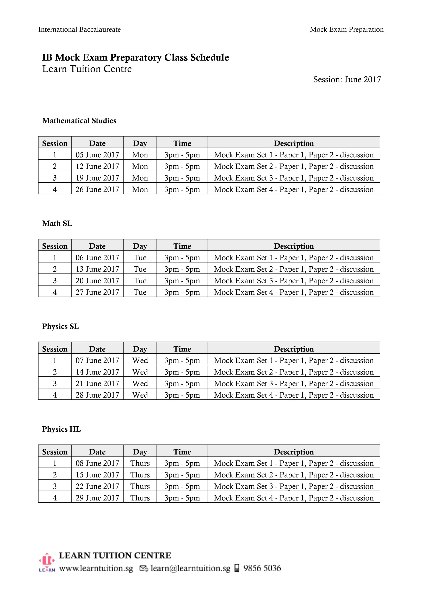 Ib Mock Exam Preparatory Classes - June 2017 - Learn