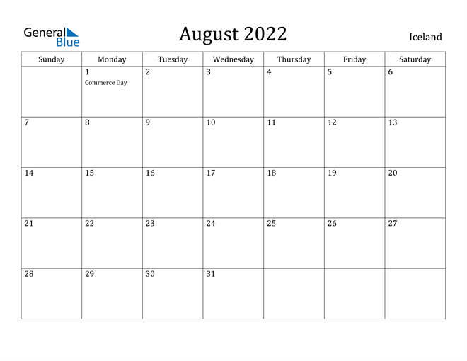 Iceland August 2022 Calendar With Holidays