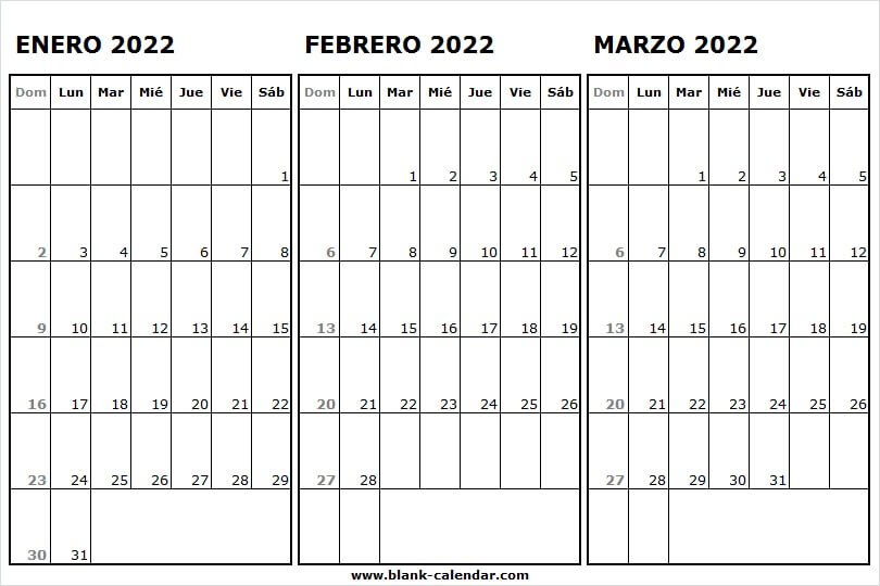 Imprimir Calendario Mes Enero A Marzo 2022 | Jan Feb Mar 2022