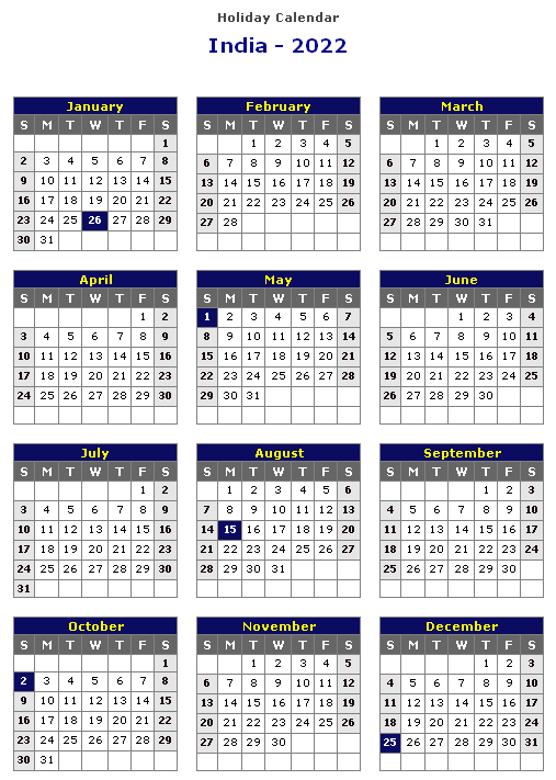 Indian Holiday Calendar 2022 - August Calendar 2022