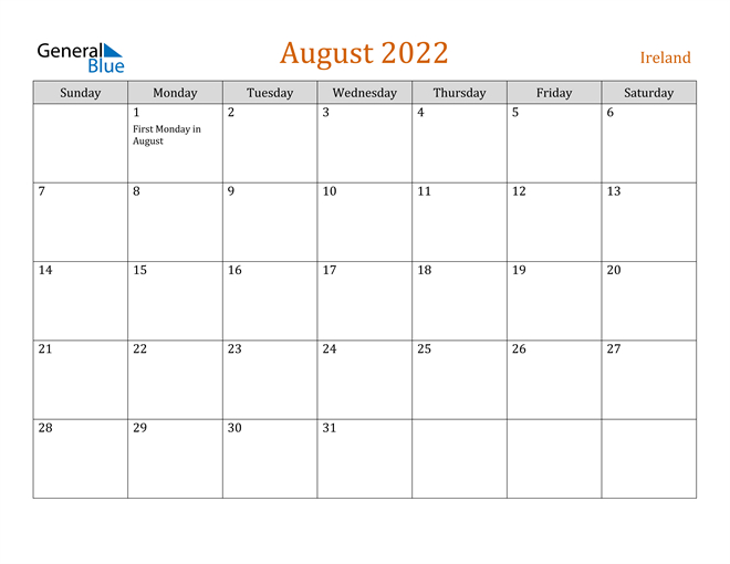 Ireland August 2022 Calendar With Holidays