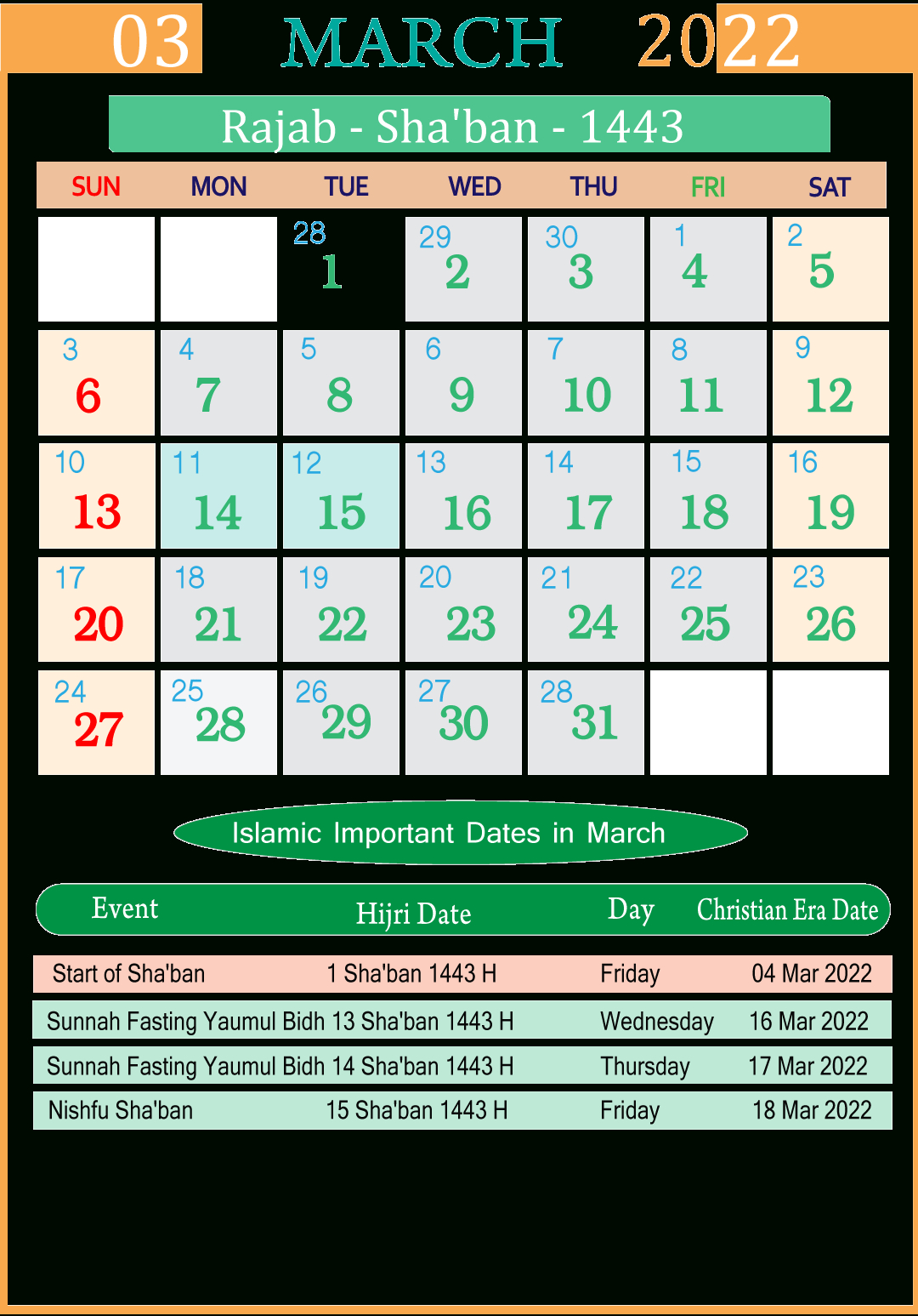 | Islamic Calendar 2022 March