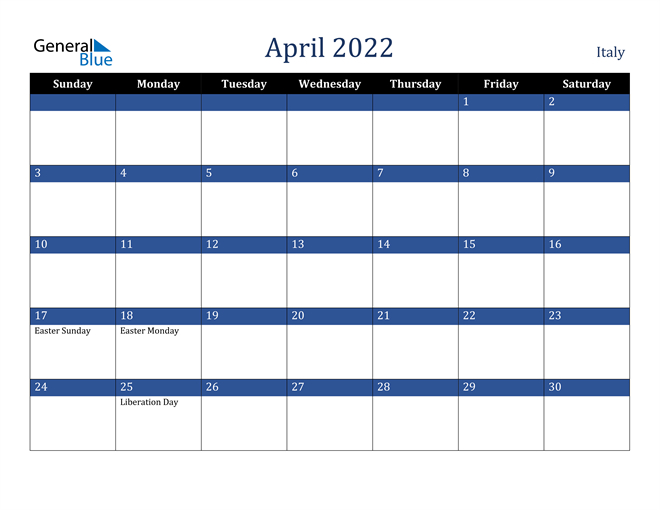 Italy April 2022 Calendar With Holidays