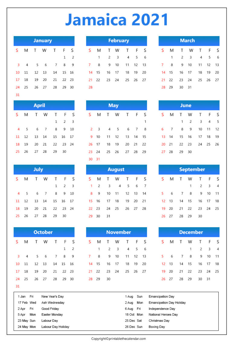 Jamaica Calendar 2021 With Holidays[Free Printable Template]