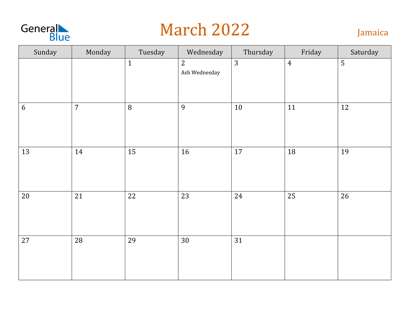 Jamaica March 2022 Calendar With Holidays