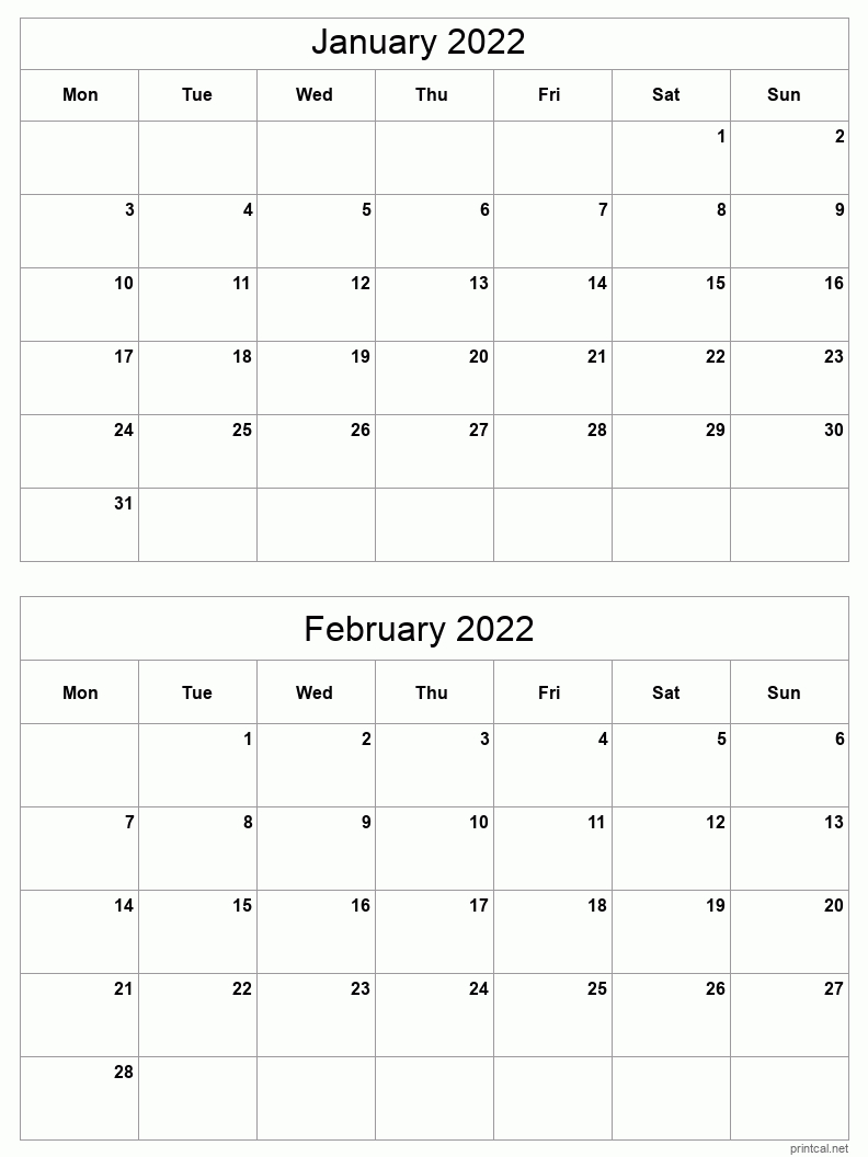 Jan-Feb 2022 Printable Calendar | Two Months Per Page