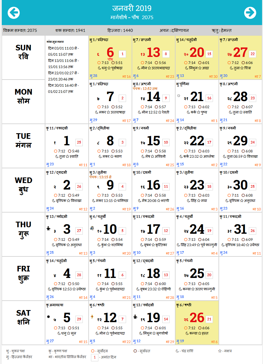 January 2019 Hindu Calendar | Hindu Calendar, Calendar