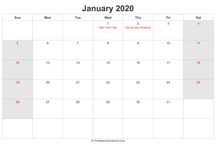 January 2020 Calendar With Uk Bank Holidays Highlighted