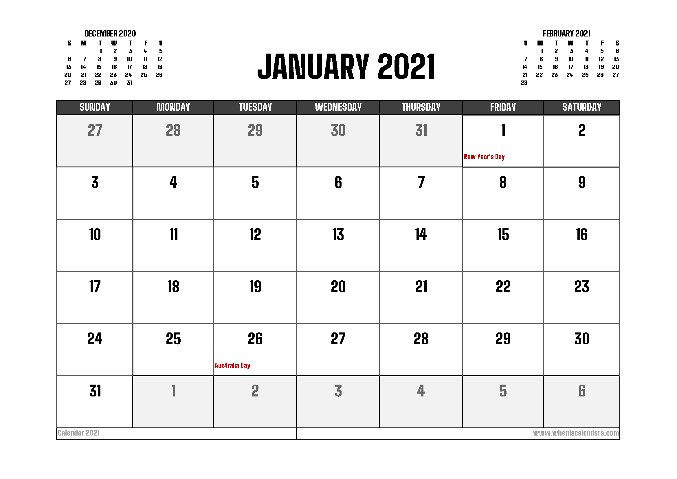 January 2021 Calendar Australia Printable